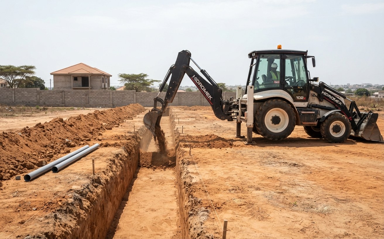 Retroescavadora a abrir uma vala longa e recta em laterite, com estabilizadores pousados, cordel de piquetagem ao longo da berma e tubos de PVC prontos a descer