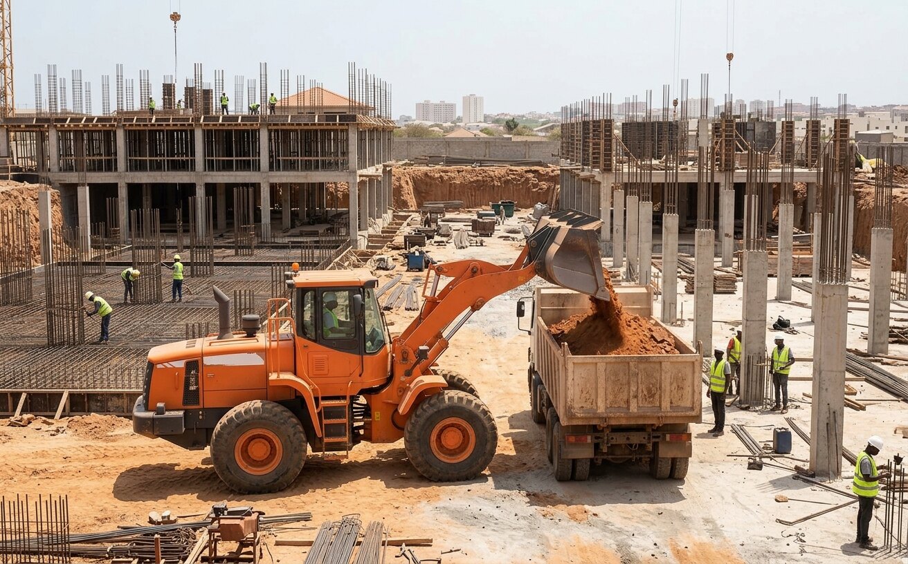 Pá carregadeira a despejar terra na caixa de um camião basculante numa obra em Luanda