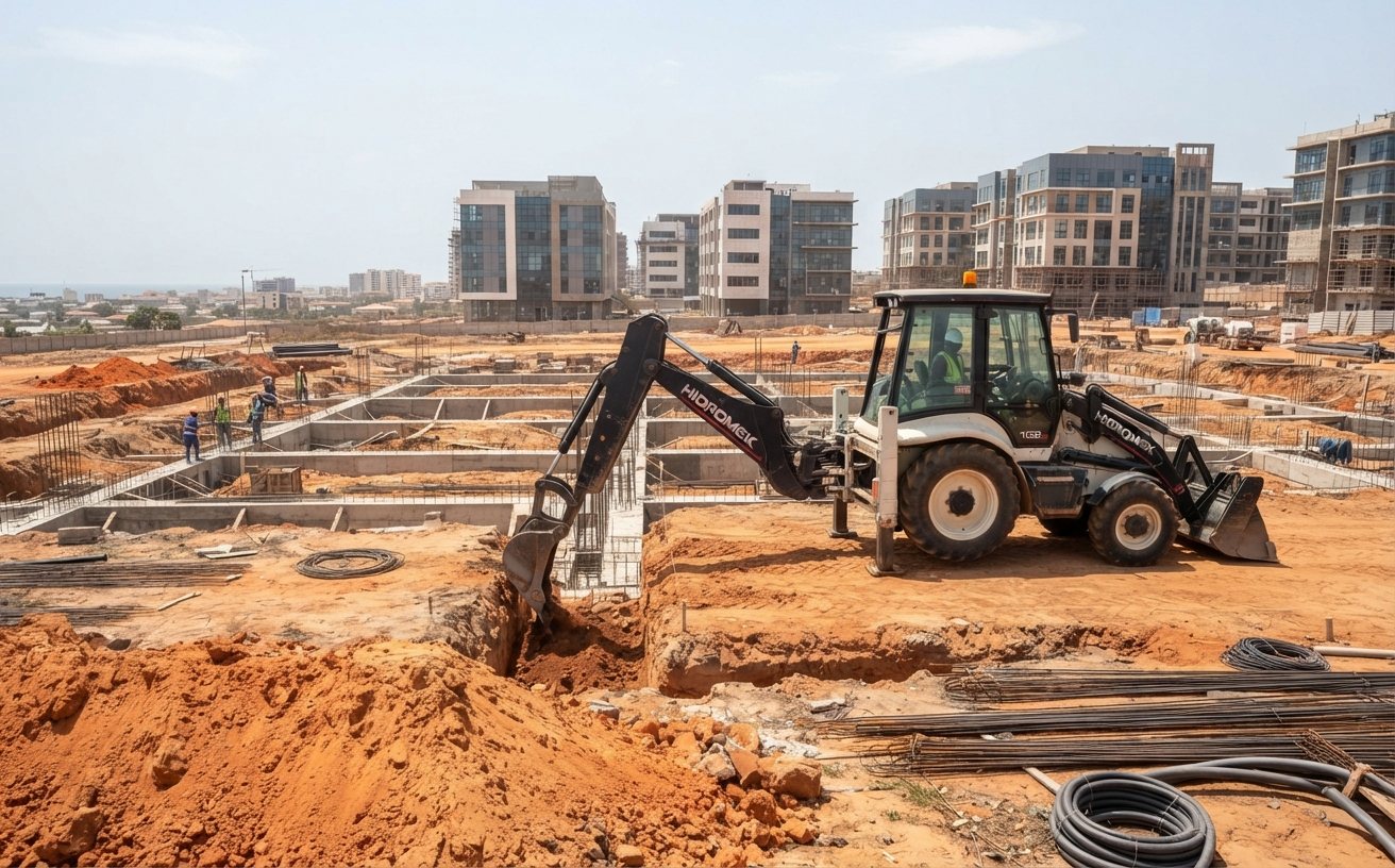 Retroescavadora a abrir cabouco numa obra de fundações em Luanda, com as sapatas de betão já lançadas em grelha ao mesmo nível