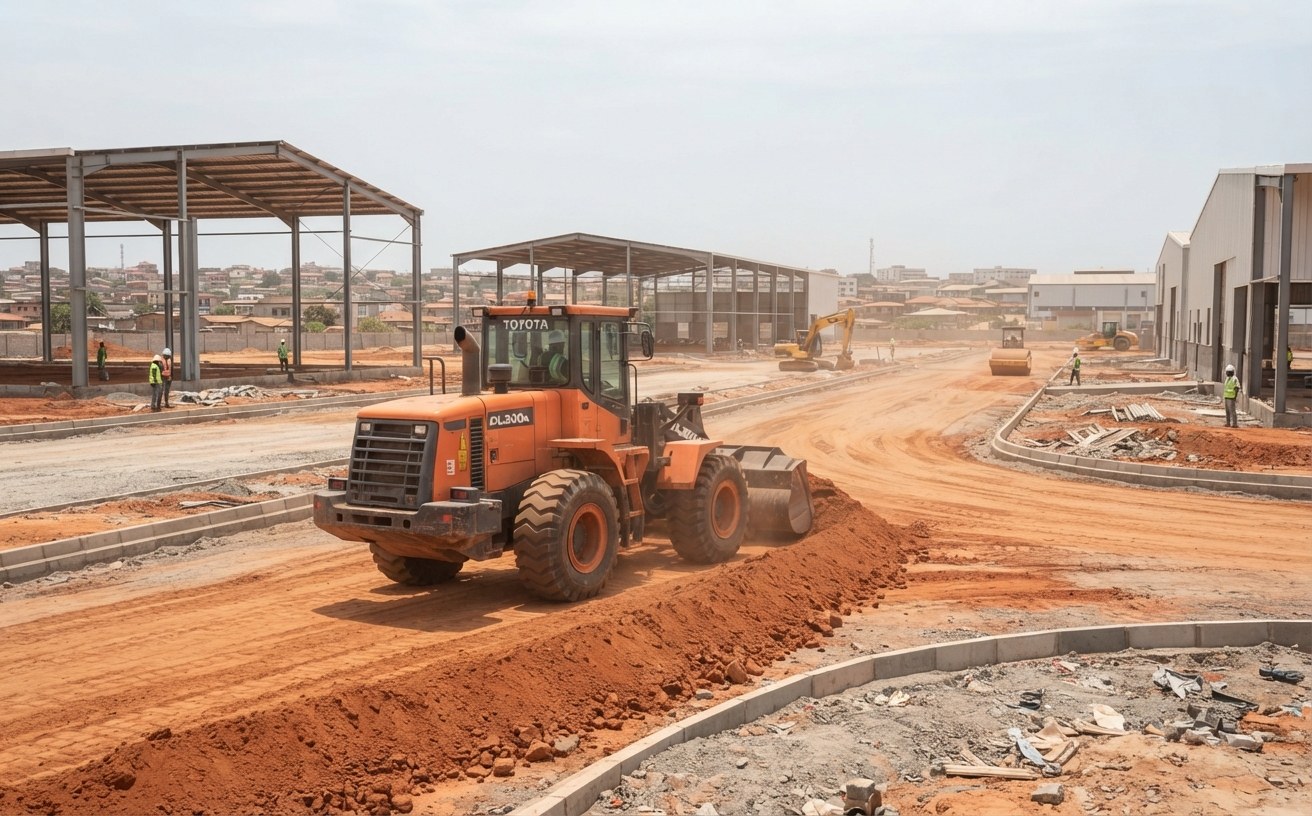 Pá carregadeira laranja a mover terra numa plataforma de terraplanagem de grande dimensão em Luanda, com arruamentos e lancis já marcados